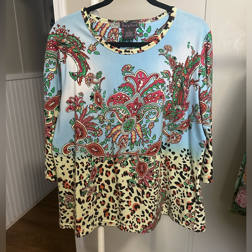 Blue Embellished Paisley and Cheetah Print Blouse XL